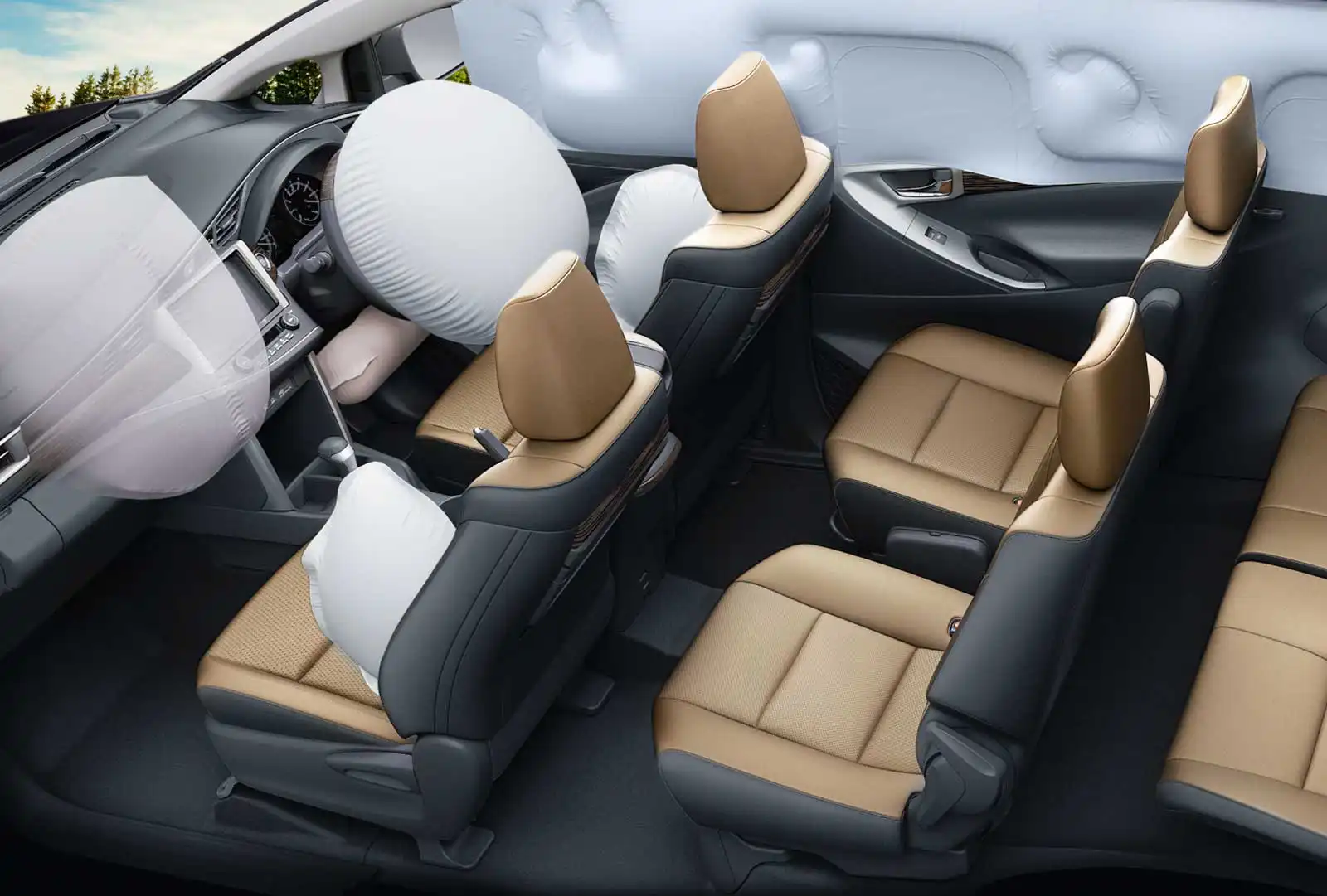 Toyota Innova Crysta cabin with airbags deployed