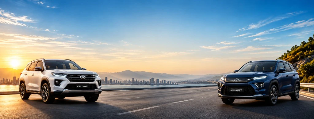 Fortuner and Urban Cruiser Hyryder on an open highway at golden hour